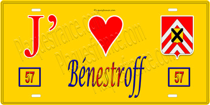 Plaque métal décorative 15 x 30 cm fond jaune 57 J' ❤️ Bénestroff, canton du Saulnois Moselle 57