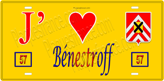 Plaque métal décorative 15 x 30 cm fond jaune 57 J' ❤️ Bénestroff, canton du Saulnois Moselle 57