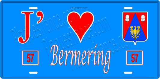 Plaque métal décorative 15 x 30 cm fond bleu 57 J' ❤️ Bermering, canton du Saulnois Moselle 57