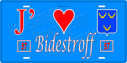 Plaque métal décorative 15 x 30 cm fond bleu 57 J' ❤️ Bidestroff, canton du Saulnois Moselle 57