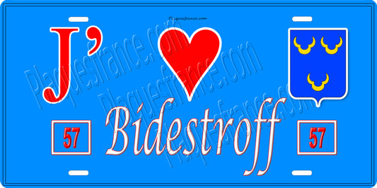 Plaque métal décorative 15 x 30 cm fond bleu 57 J' ❤️ Bidestroff, canton du Saulnois Moselle 57