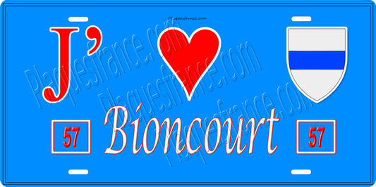 Plaque métal décorative 15 x 30 cm fond bleu 57 J' ❤️ Bioncourt, canton du Saulnois Moselle 57