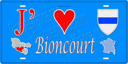 Plaque métal décorative 15 x 30 cm fond bleu carte J' ❤️ Bioncourt, canton du Saulnois Moselle 57