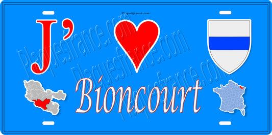 Plaque métal décorative 15 x 30 cm fond bleu carte J' ❤️ Bioncourt, canton du Saulnois Moselle 57
