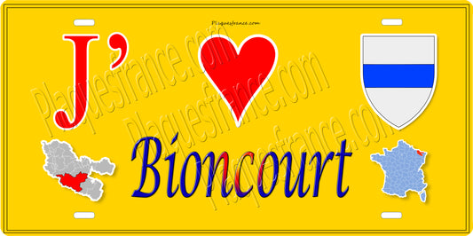 Plaque métal décorative 15 x 30 cm fond jaune carte J' ❤️ Bioncourt, canton du Saulnois Moselle 57