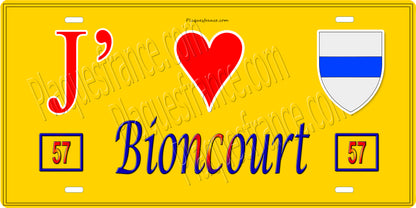 Plaque métal décorative 15 x 30 cm fond jaune 57 J' ❤️ Bioncourt, canton du Saulnois Moselle 57
