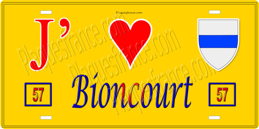 Plaque métal décorative 15 x 30 cm fond jaune 57 J' ❤️ Bioncourt, canton du Saulnois Moselle 57