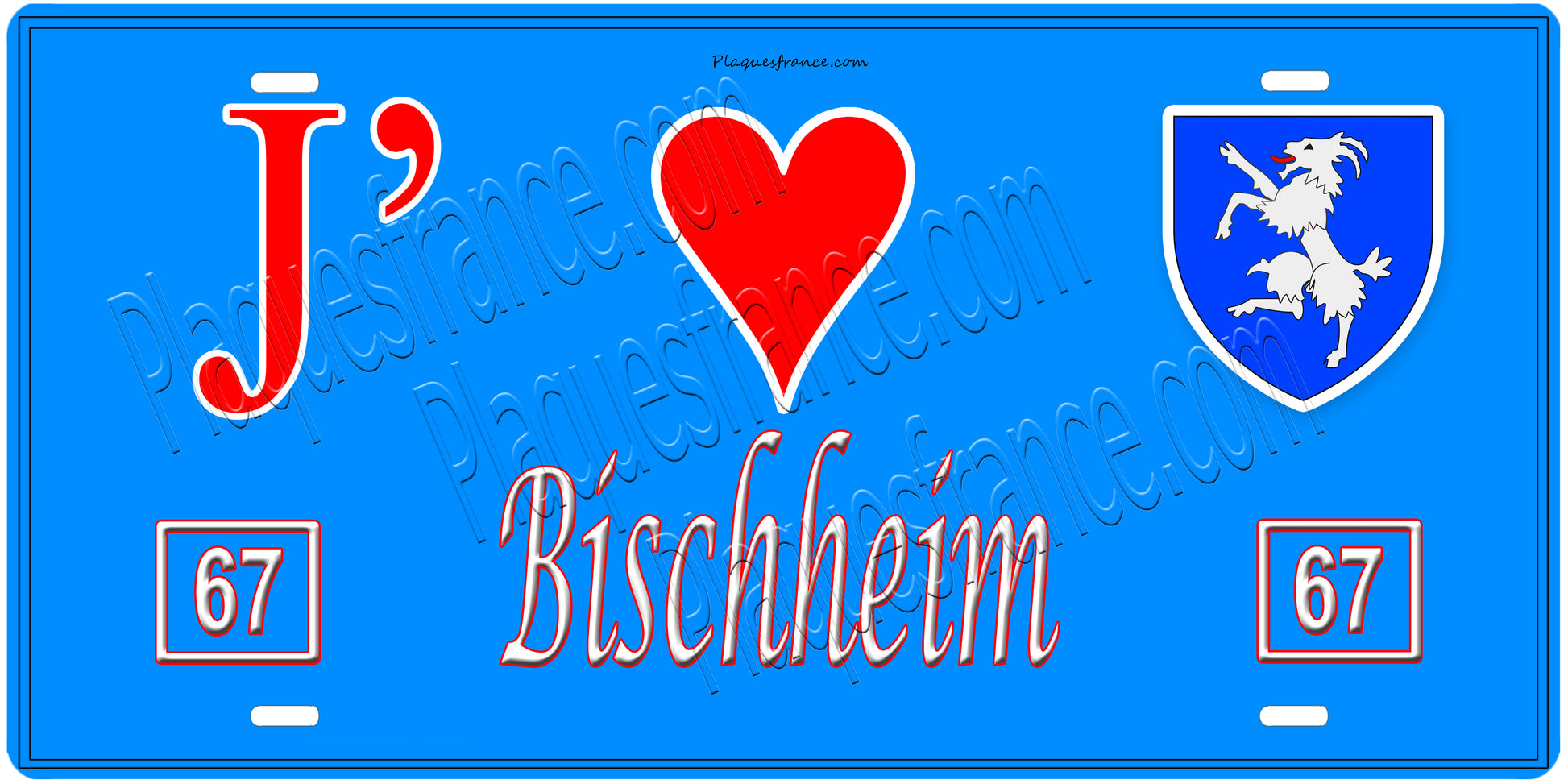 Plaque métal décorative, J' ❤️Bischheim, Bas Rhin, fond  mur bleu 67