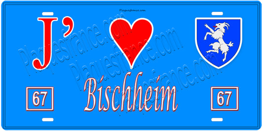 Plaque métal décorative, J' ❤️Bischheim, Bas Rhin, fond  mur bleu 67