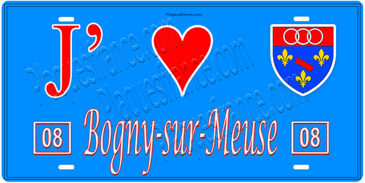 Plaque métal décorative, J' ❤️Bogny sur Meuse, Ardennes, fond  mur bleu 08
