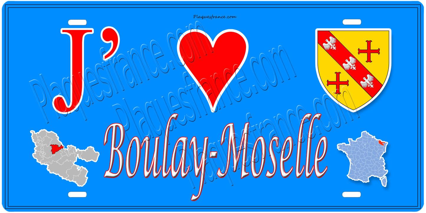 PlaquePlaque métal décorative 15 x 30 cm fond mur bleu carte J' ❤️ Boulay-Moselle, canton Boulay-Moselle Moselle 57