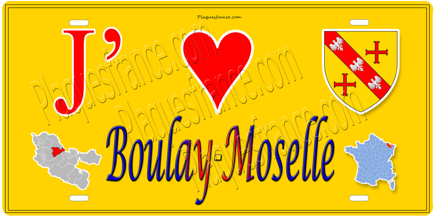 PlaquePlaque métal décorative 15 x 30 cm fond mur jaune carte J' ❤️ Boulay-Moselle, canton Boulay-Moselle Moselle 57