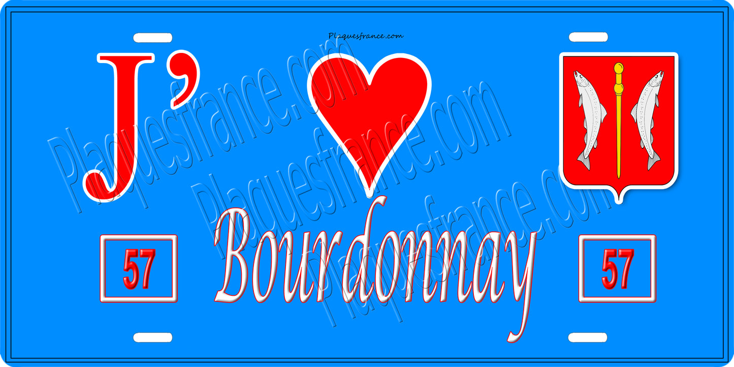 Plaque métal décorative 15 x 30 cm fond bleu 57 J' ❤️ Bourdonnay, canton du Saulnois Moselle 57