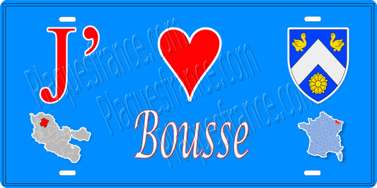 Plaque métal décorative 15 x 30 cm fond mur bleu carte J' ❤️ Bousse, canton Metzervisse Moselle 57