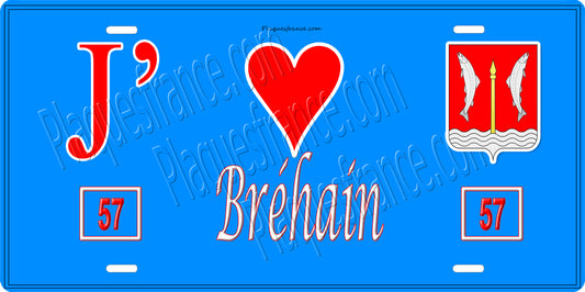 Plaque métal décorative 15 x 30 cm fond bleu 57 J' ❤️ Bréhain, canton du Saulnois Moselle 57