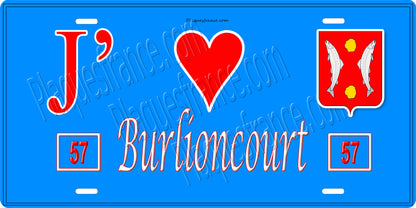 Plaque métal décorative 15 x 30 cm fond bleu 57 J' ❤️ Burlioncourt, canton du Saulnois Moselle 57
