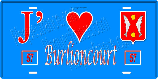 Plaque métal décorative 15 x 30 cm fond bleu 57 J' ❤️ Burlioncourt, canton du Saulnois Moselle 57