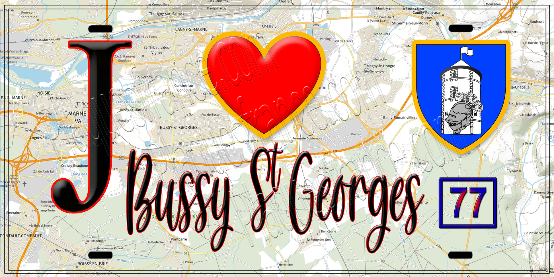Plaque métal décorative  J' ❤️ Bussy-Saint-Georges, Seine et Marne (77)