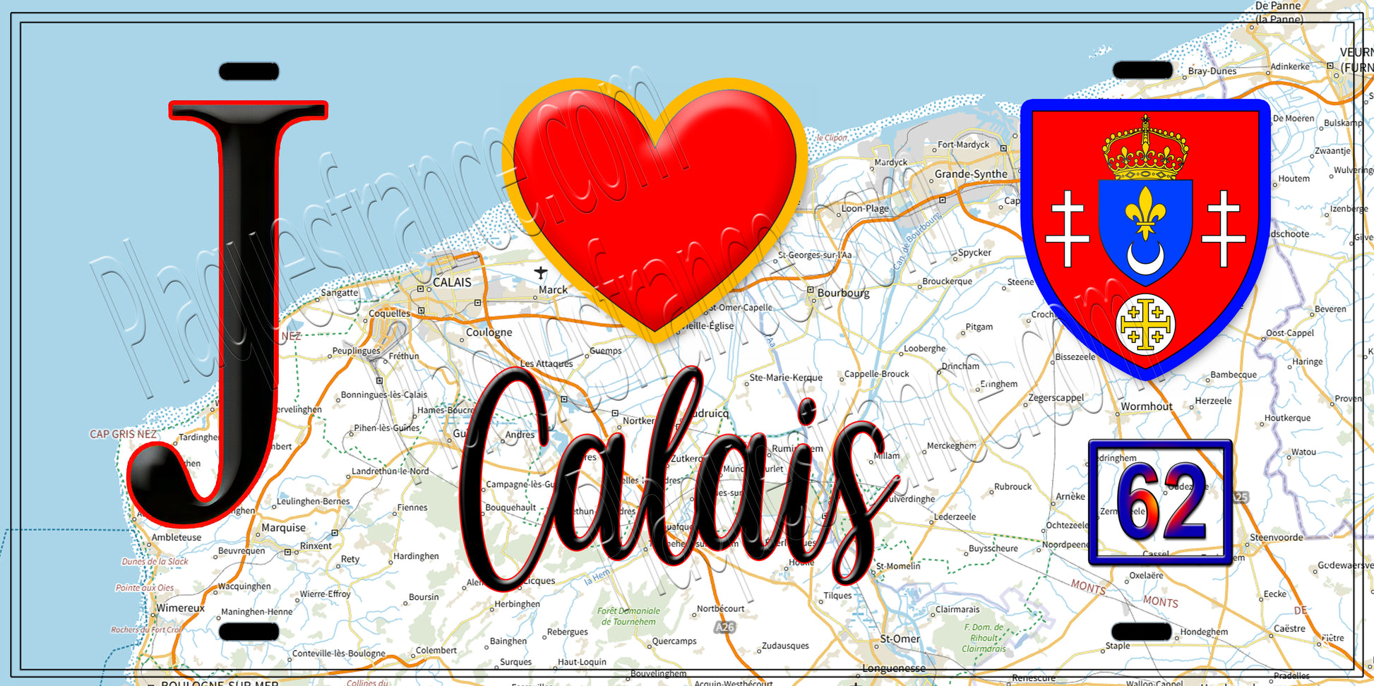 Plaque métal décorative  J' ❤️ Calais, Pas de Calais (62)