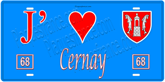 Plaque métal décorative, J' ❤️Cernay, Haut Rhin, fond  mur bleu 68