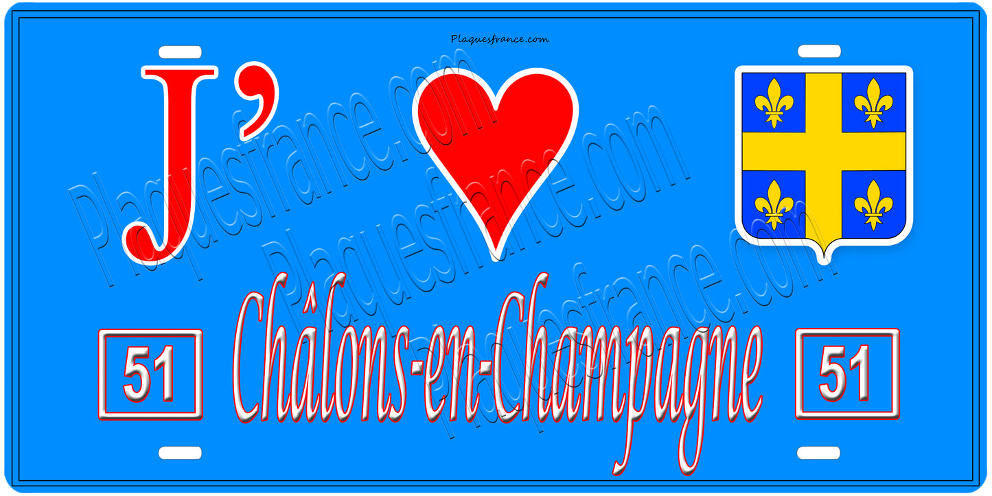 Plaque métal décorative, J' ❤️Châlons en Champagne, Marne, fond  mur bleu 51