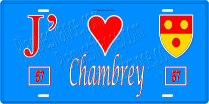 Plaque métal décorative 15 x 30 cm fond bleu 57 J' ❤️ Chambrey, canton du Saulnois Moselle 57