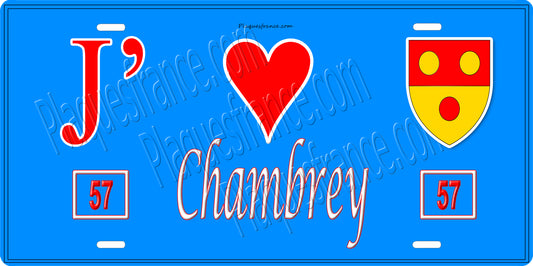 Plaque métal décorative 15 x 30 cm fond bleu 57 J' ❤️ Chambrey, canton du Saulnois Moselle 57