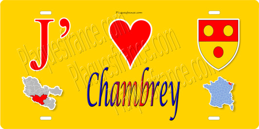 Plaque métal décorative 15 x 30 cm fond jaune carte J' ❤️ Chambrey, canton du Saulnois Moselle 57
