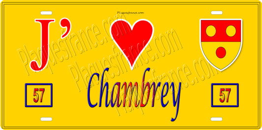 Plaque métal décorative 15 x 30 cm fond jaune 57 J' ❤️ Chambrey, canton du Saulnois Moselle 57