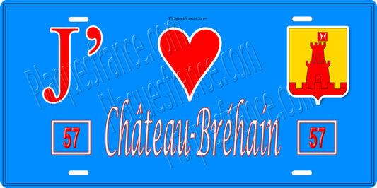 Plaque métal décorative 15 x 30 cm fond bleu 57 J' ❤️ Château Bréhain, canton du Saulnois Moselle 57