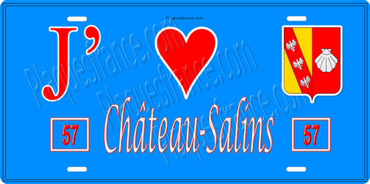 Plaque métal décorative 15 x 30 cm fond bleu 57 J' ❤️ Château Salins, canton du Saulnois Moselle 57