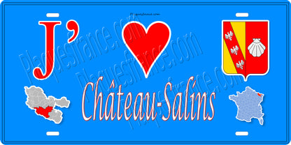 Plaque métal décorative 15 x 30 cm fond bleu carte J' ❤️ Château-Salins, canton du Saulnois Moselle 57