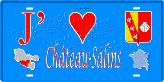 Plaque métal décorative 15 x 30 cm fond bleu carte J' ❤️ Château-Salins, canton du Saulnois Moselle 57