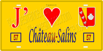Plaque métal décorative 15 x 30 cm fond jaune 57 J' ❤️ Château-Salins, canton du Saulnois Moselle 57