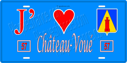 Plaque métal décorative 15 x 30 cm fond bleu 57 J' ❤️ Château Voué, canton du Saulnois Moselle 57