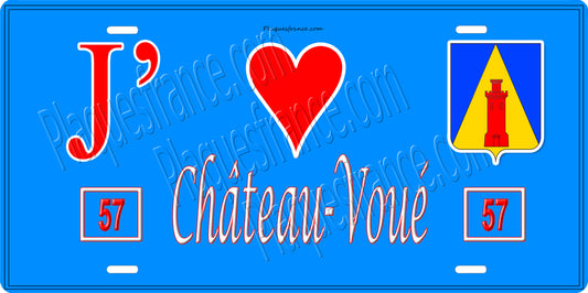 Plaque métal décorative 15 x 30 cm fond bleu 57 J' ❤️ Château Voué, canton du Saulnois Moselle 57