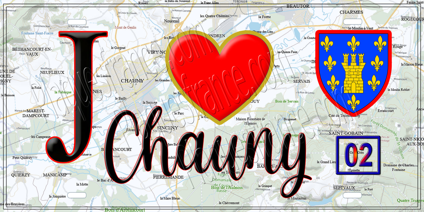 Plaque métal décorative, J' ❤️Chauny, Aisne (02)