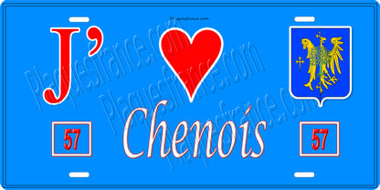 Plaque métal décorative 15 x 30 cm fond bleu 57 J' ❤️ Chenois, canton du Saulnois Moselle 57