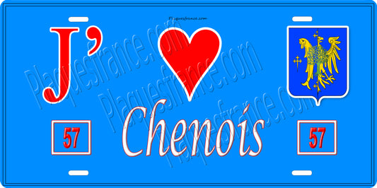 Plaque métal décorative 15 x 30 cm fond bleu 57 J' ❤️ Chenois, canton du Saulnois Moselle 57
