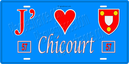 Plaque métal décorative 15 x 30 cm fond bleu 57 J' ❤️ Chicourt, canton du Saulnois Moselle 57