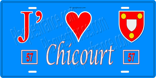 Plaque métal décorative 15 x 30 cm fond bleu 57 J' ❤️ Chicourt, canton du Saulnois Moselle 57