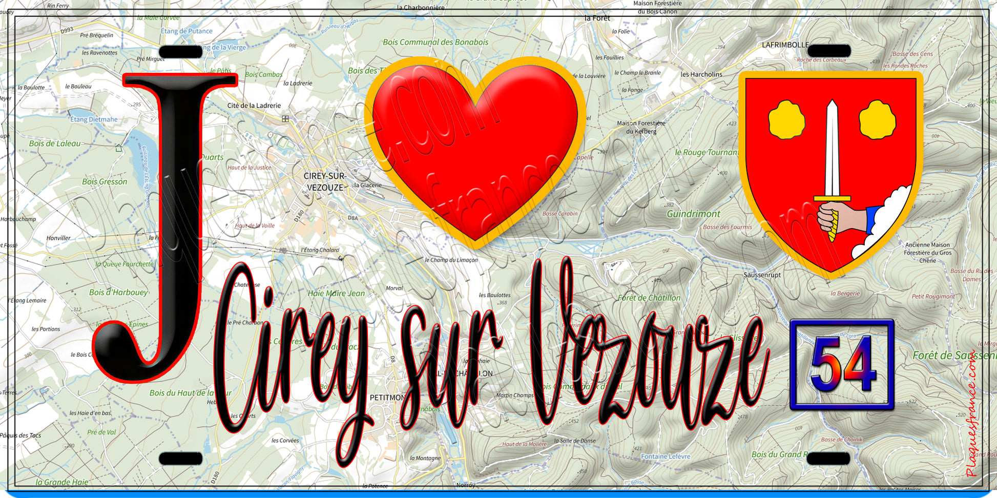 Plaque métal décorative  J' ❤️ Cirey-sur-Vezouze, Meurthe et Moselle (54)