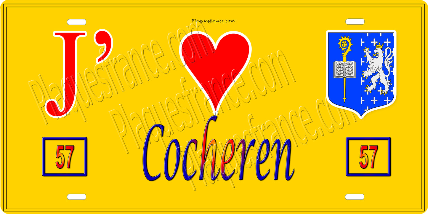 Plaque métal décorative 15 x 30 cm fond mur jaune 57 J' ❤️Cocheren, canton Forbach Moselle 57