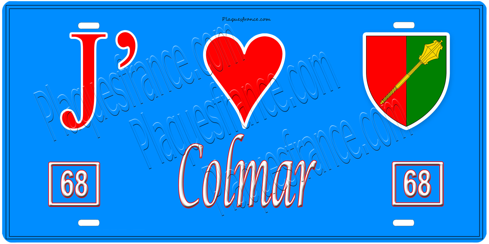 Plaque métal décorative, J' ❤️Colmar, Haut Rhin, fond  mur bleu 68