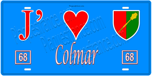 Plaque métal décorative, J' ❤️Colmar, Haut Rhin, fond  mur bleu 68