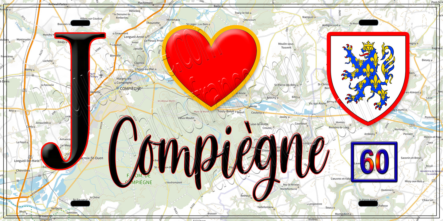 Plaque métal décorative  J' ❤️ Compiègne, Oise (60)