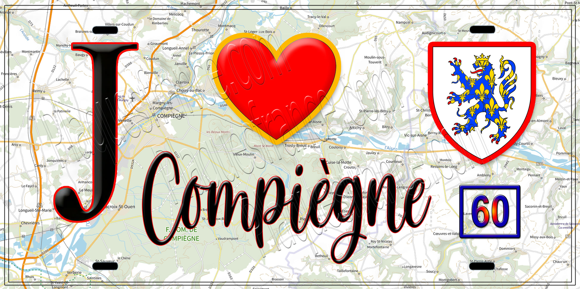Plaque métal décorative  J' ❤️ Compiègne, Oise (60)