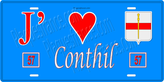 Plaque métal décorative 15 x 30 cm fond bleu 57 J' ❤️ Conthil, canton du Saulnois Moselle 57