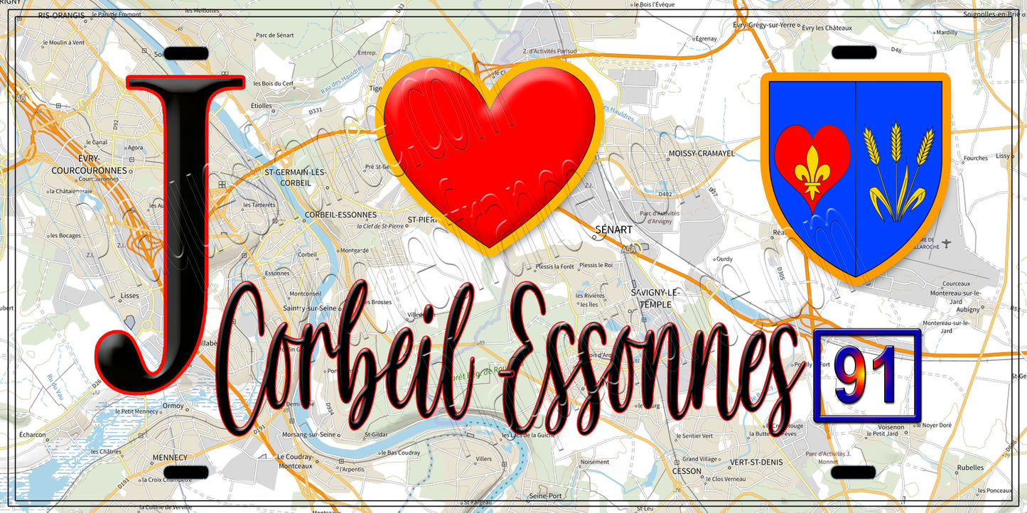 Plaque métal décorative  J' ❤️ Corbeil-Essonne (91)