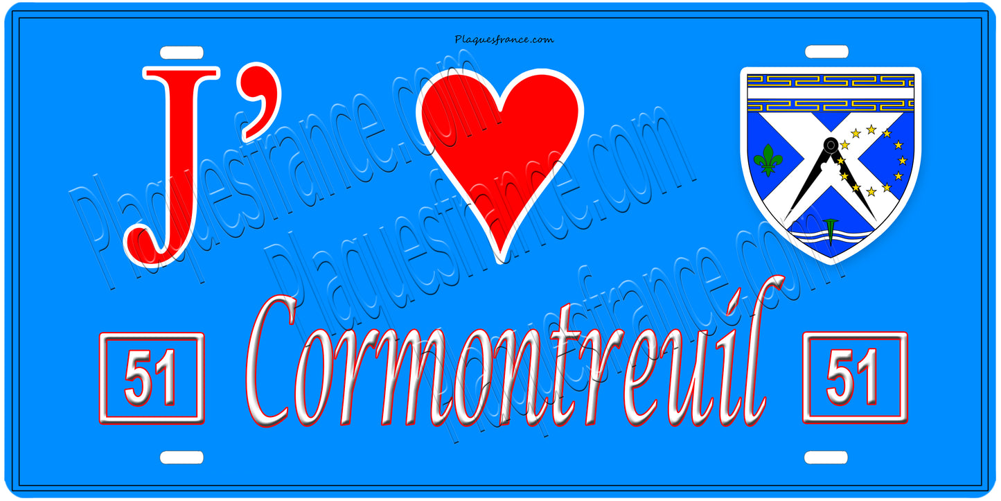 Plaque métal décorative, J' ❤️Cormontreuil, Marne, fond  mur bleu 51